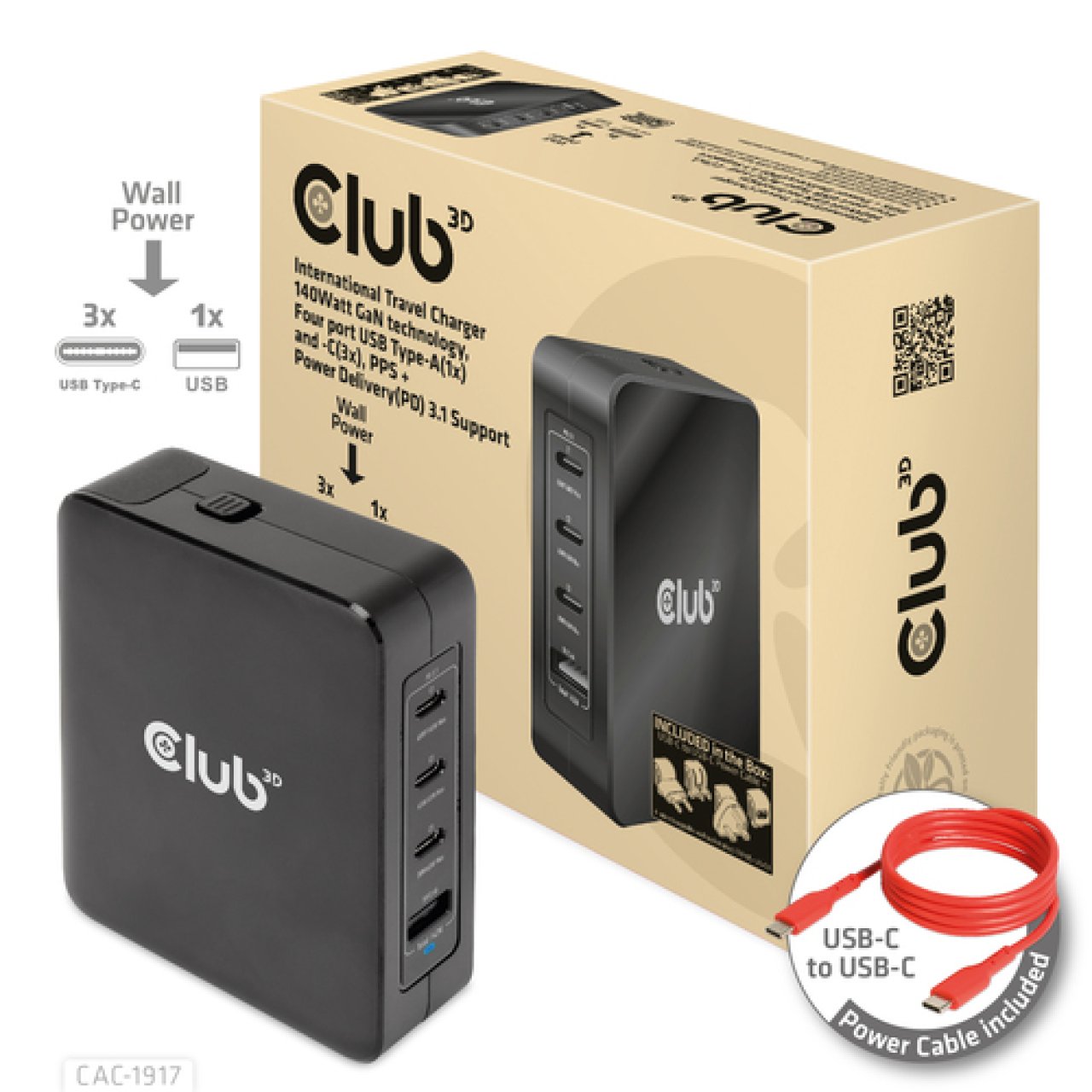 Club-3D Reise-Ladegerät 140W GaN 1xUSB-A/3xUSB-C/PPS+PD 3.1