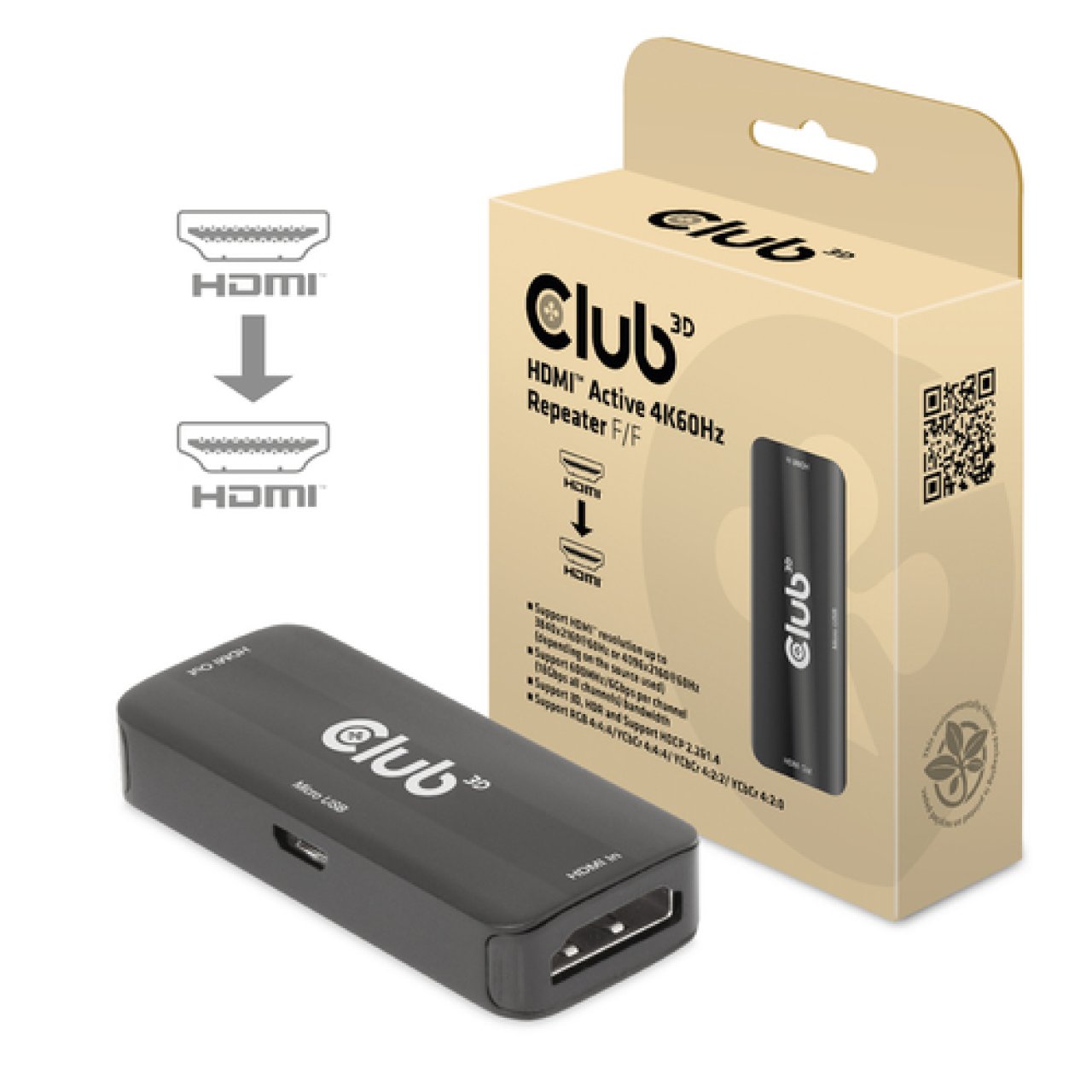 CLUB-3D Adapter HDMI->HDMI Repeater Signalverstärker 4K60Hz B/B