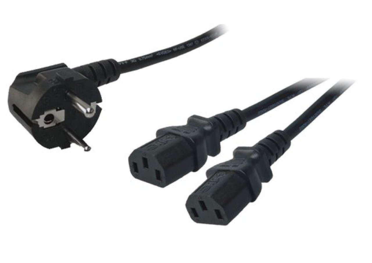Stromkabel 2x Kaltgerätebuchse 1,5m/1,7m, Schuko auf 2x Kaltgeräte