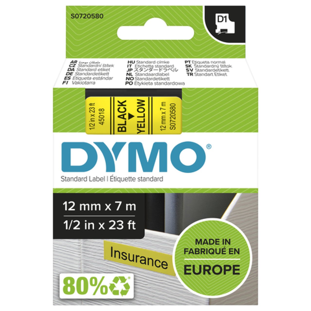 DYMO Band D1 12mm x 7m schwarz/gelb