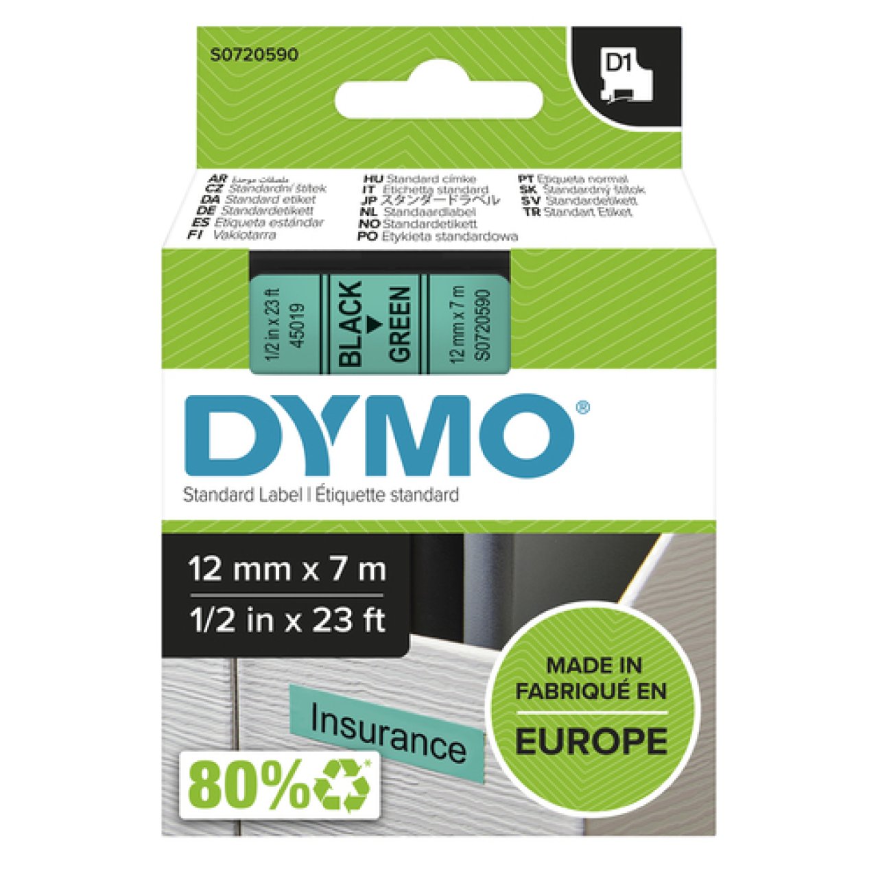 DYMO Band D1 12mm x 7m schwarz/grün