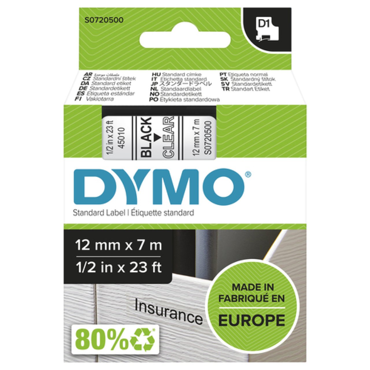 DYMO Band D1 12mm x 7m schwarz/tran. schwarz auf transparent