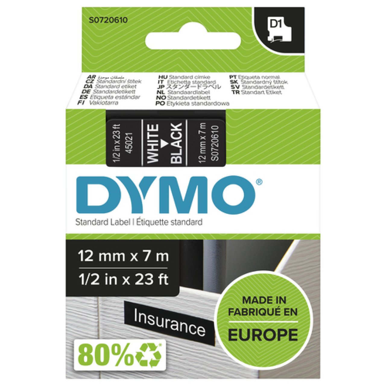 DYMO Band D1 12mm x 7m weiss/schwarz