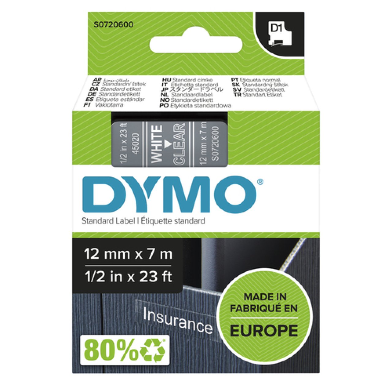 DYMO Band D1 12mm x 7m weiss/transp. weiss auf transparent