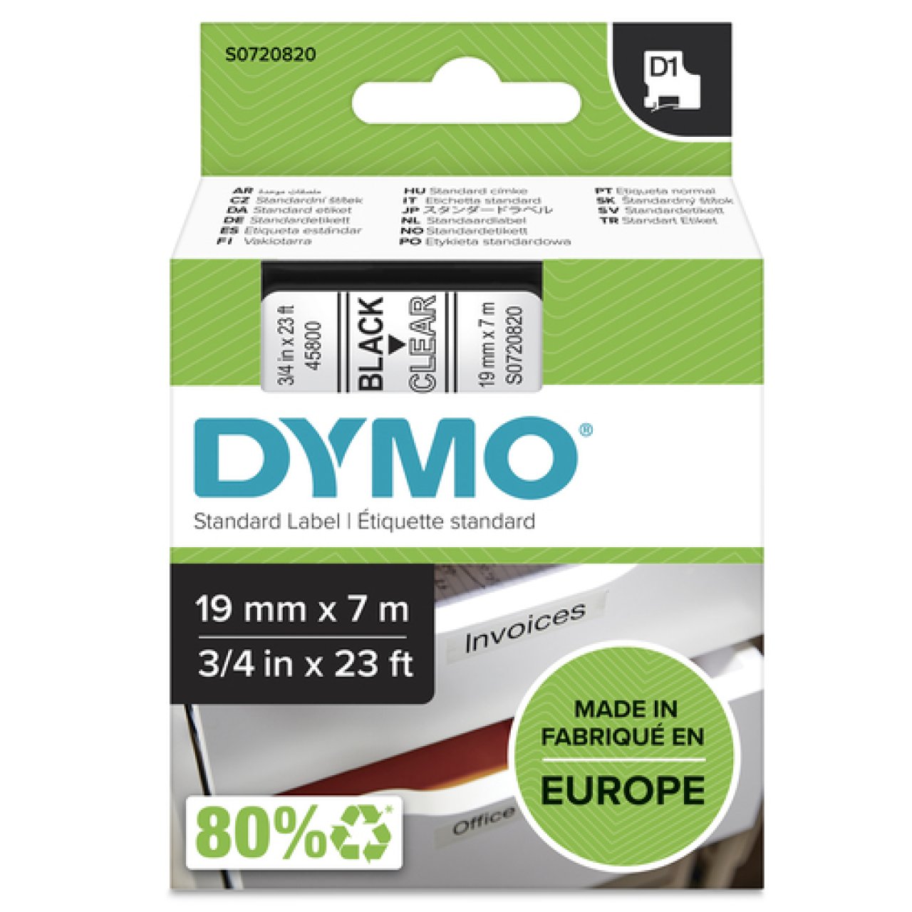 DYMO Band D1 19mm x 7m schwarz/tran. schwarz auf transparent
