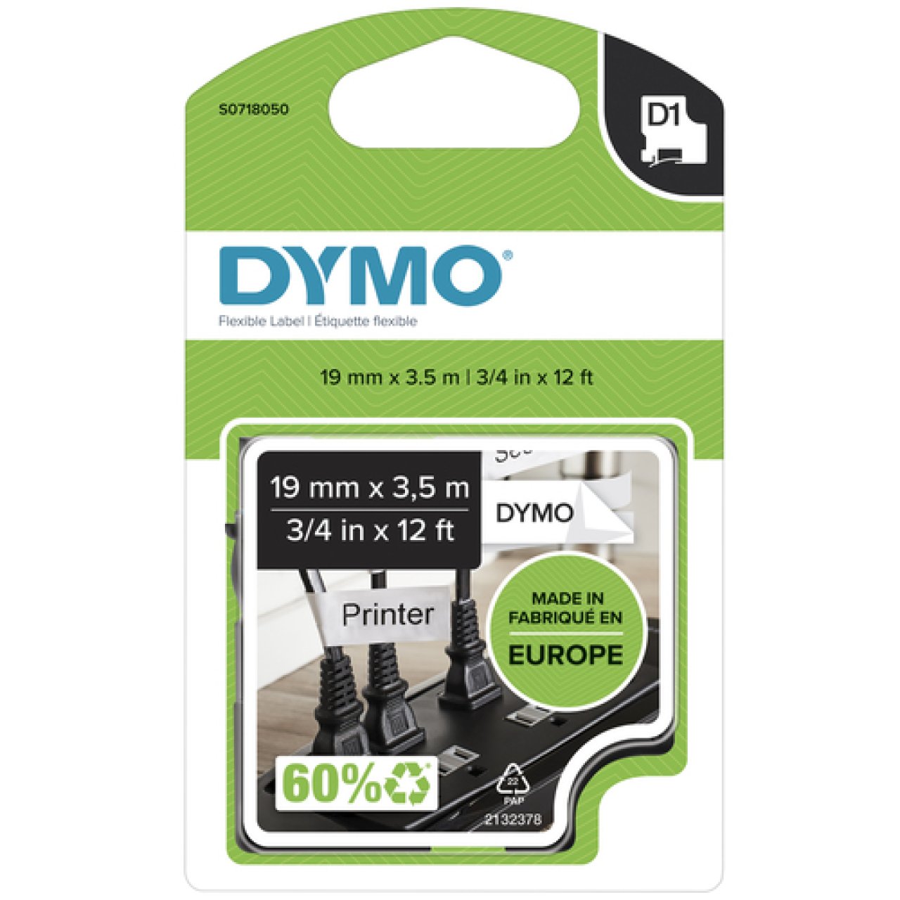 DYMO Nylonband D1 19mm x 3,5mschwarz schwarz auf weiss