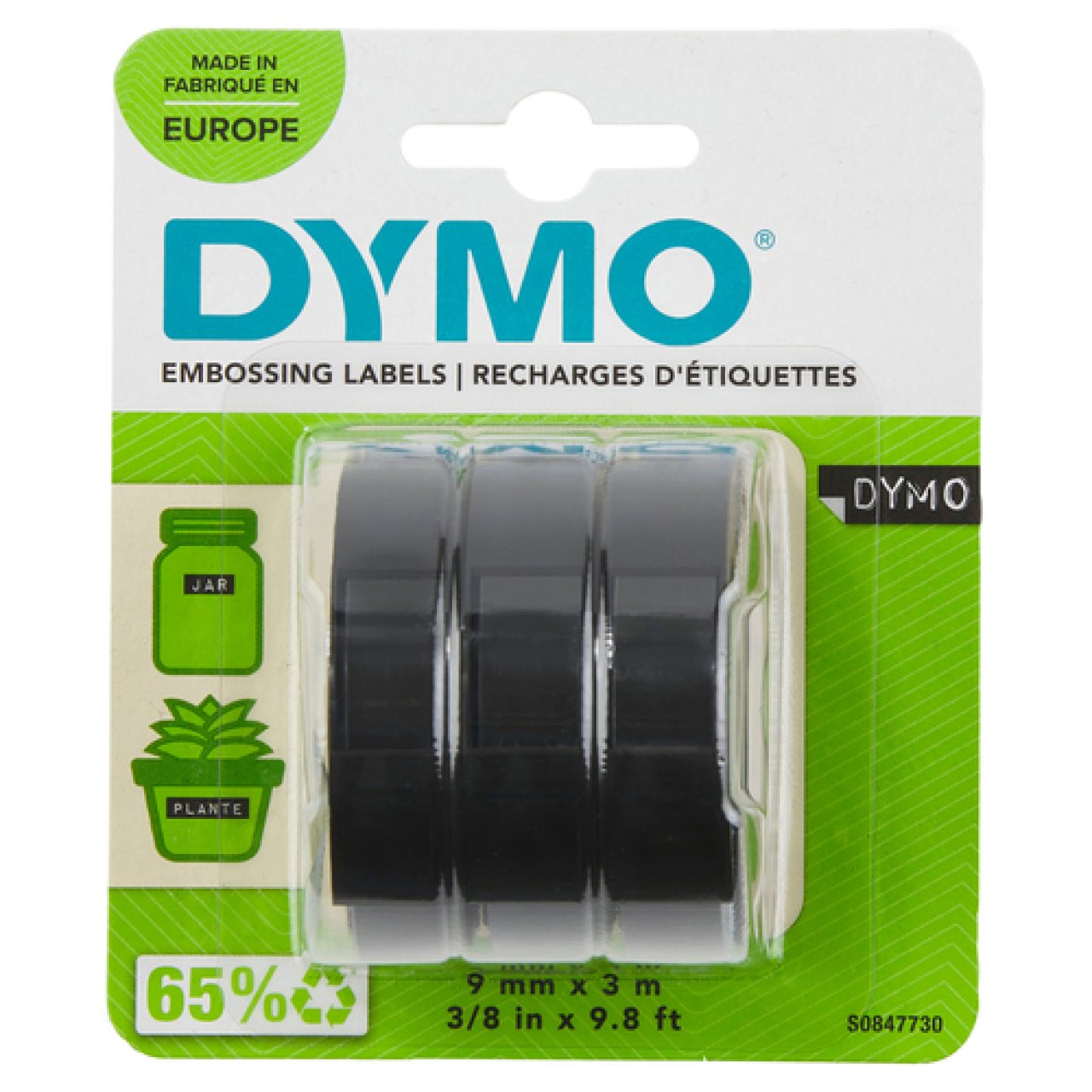 DYMO Prägeband D3 9mm x 3m schwarz 3er Pack, glänzend schwarz