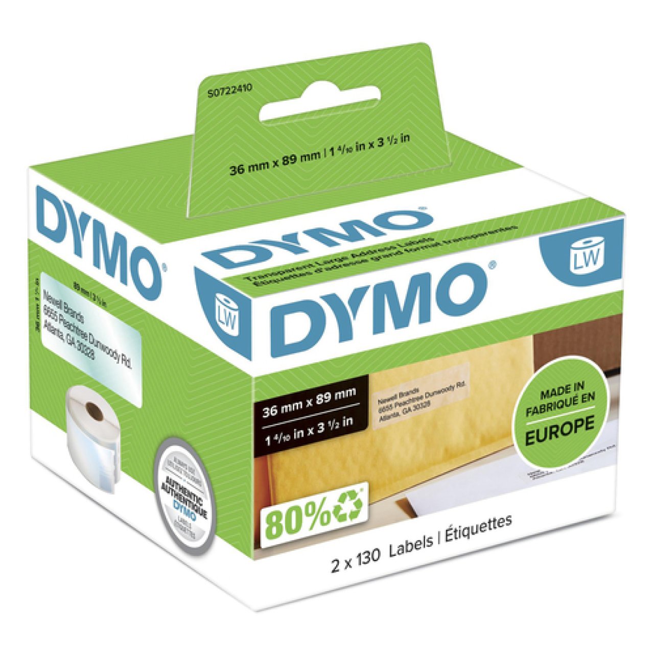 DYMO Etiketten Adressetiketten groß 1 Rolle à 260,36x89mm,transparent