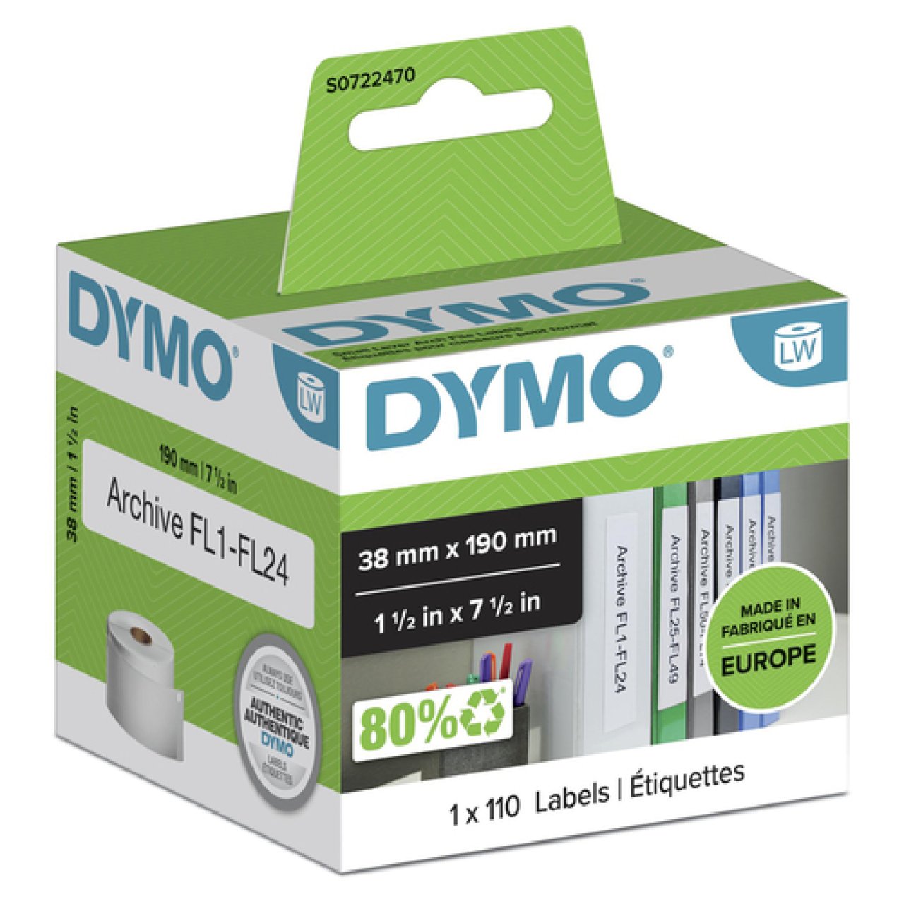 DYMO Etiketten für schmale Ordner 1 Rolle à 110, 38x190mm