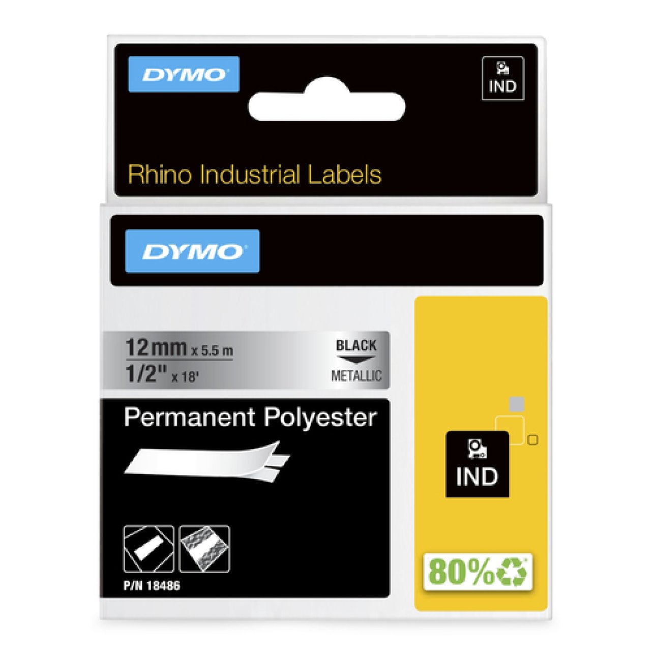 DYMO Rhino Polyesterband 12mm x 5,5m schwarz auf silber