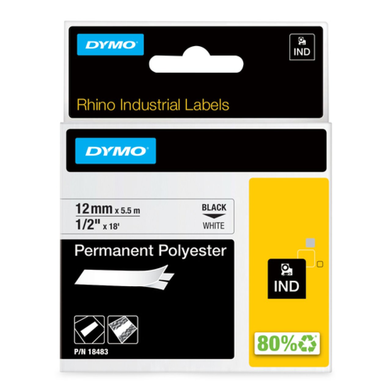 DYMO Rhino Polyesterband 12mm x 5,5m schwarz auf weiss