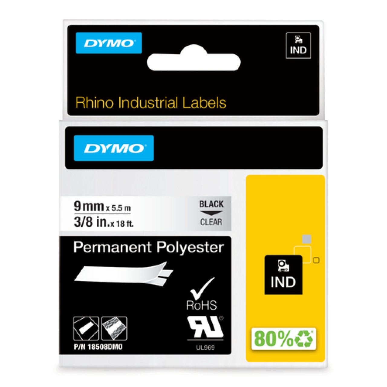 DYMO Rhino Polyesterband 9mm x 5,5m schwarz auf transparent