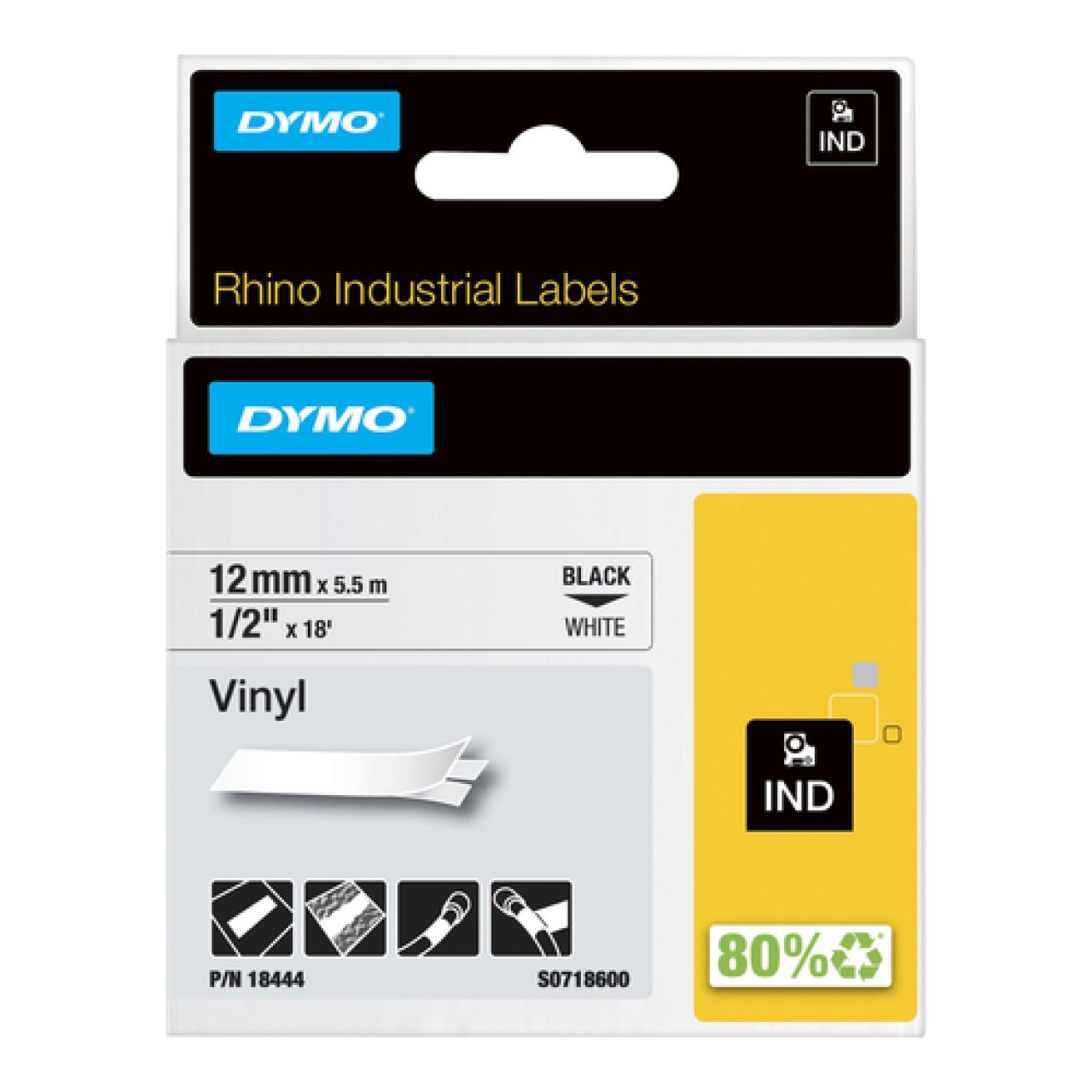DYMO Rhino Vinylband 12mm x 5,5m schwarz auf weiss