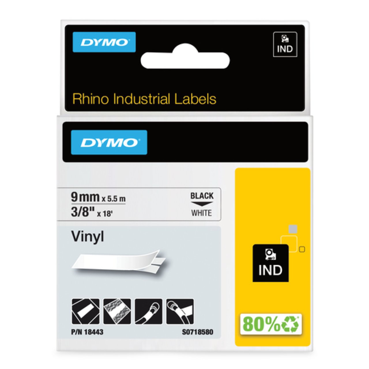 DYMO Rhino Vinylband 9mm x 5,5m schwarz auf weiss