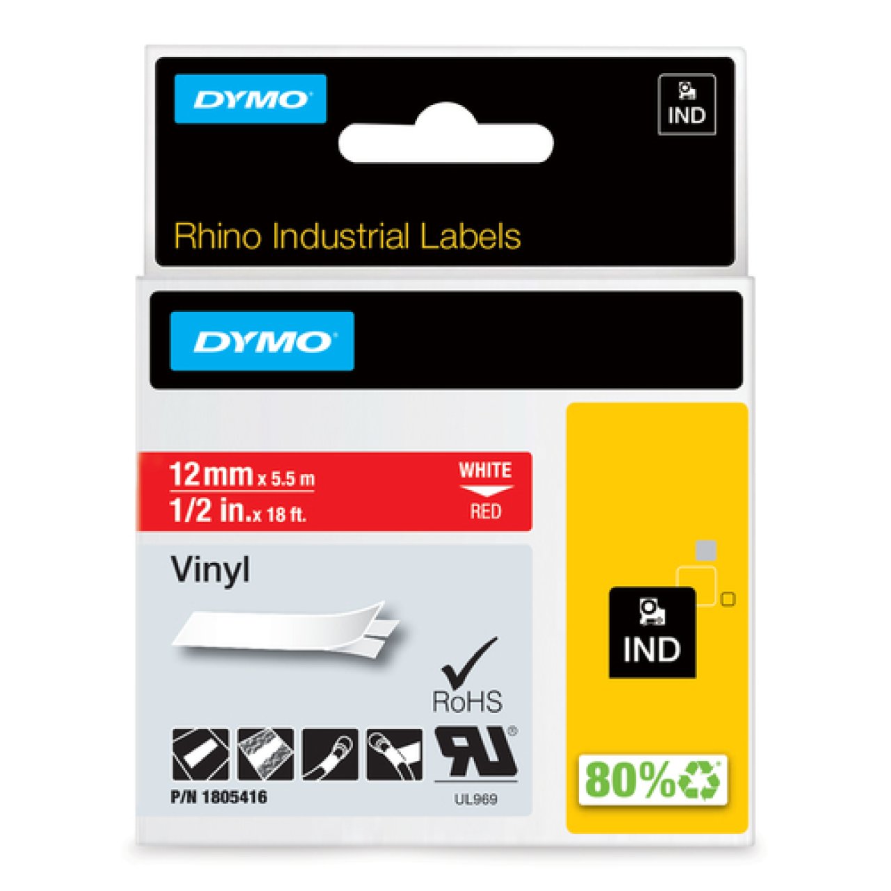 DYMO Rhino Vinylband 12mm x 5,5m weiss auf rot
