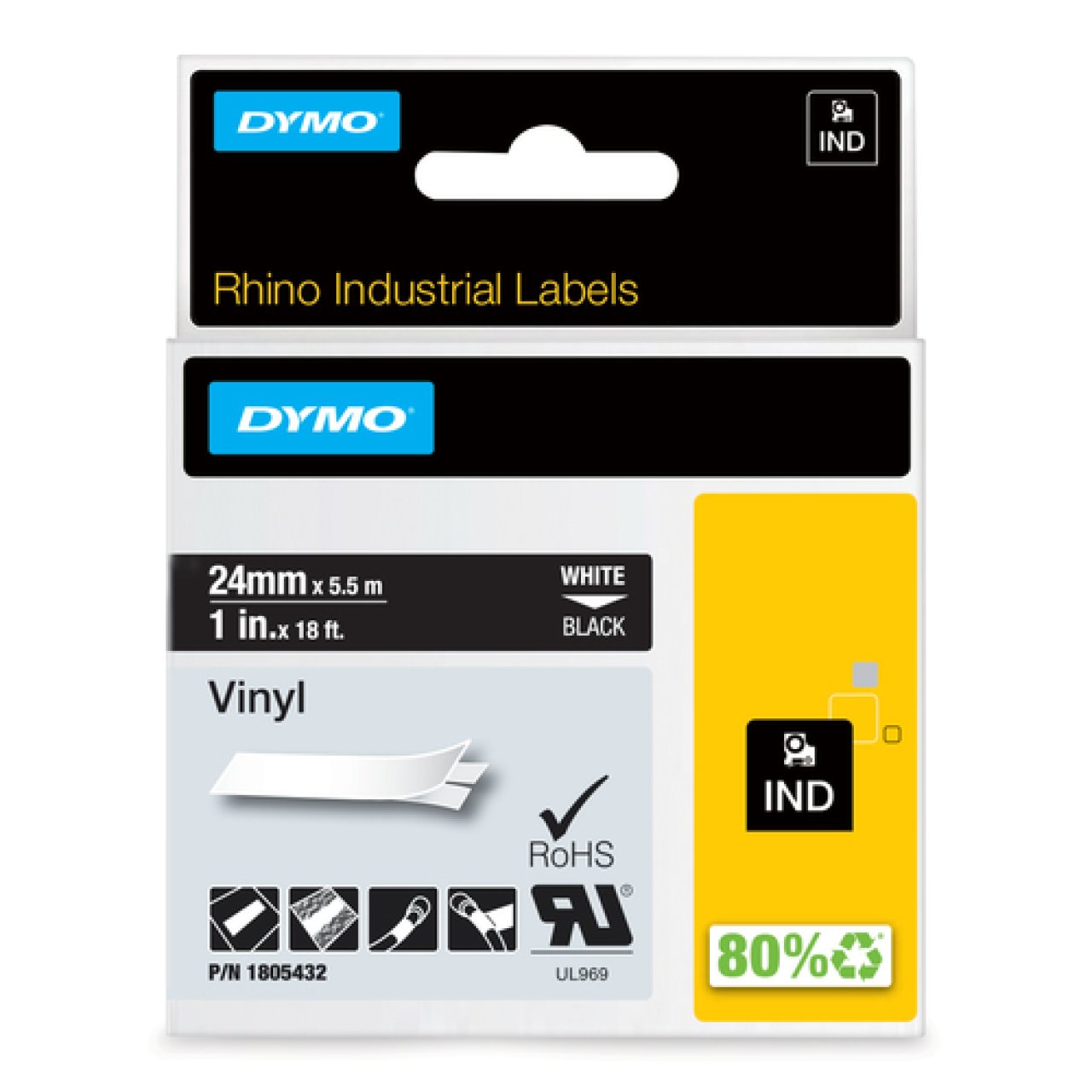 DYMO Rhino Vinylband 24mm x 5,5m weiss auf schwarz