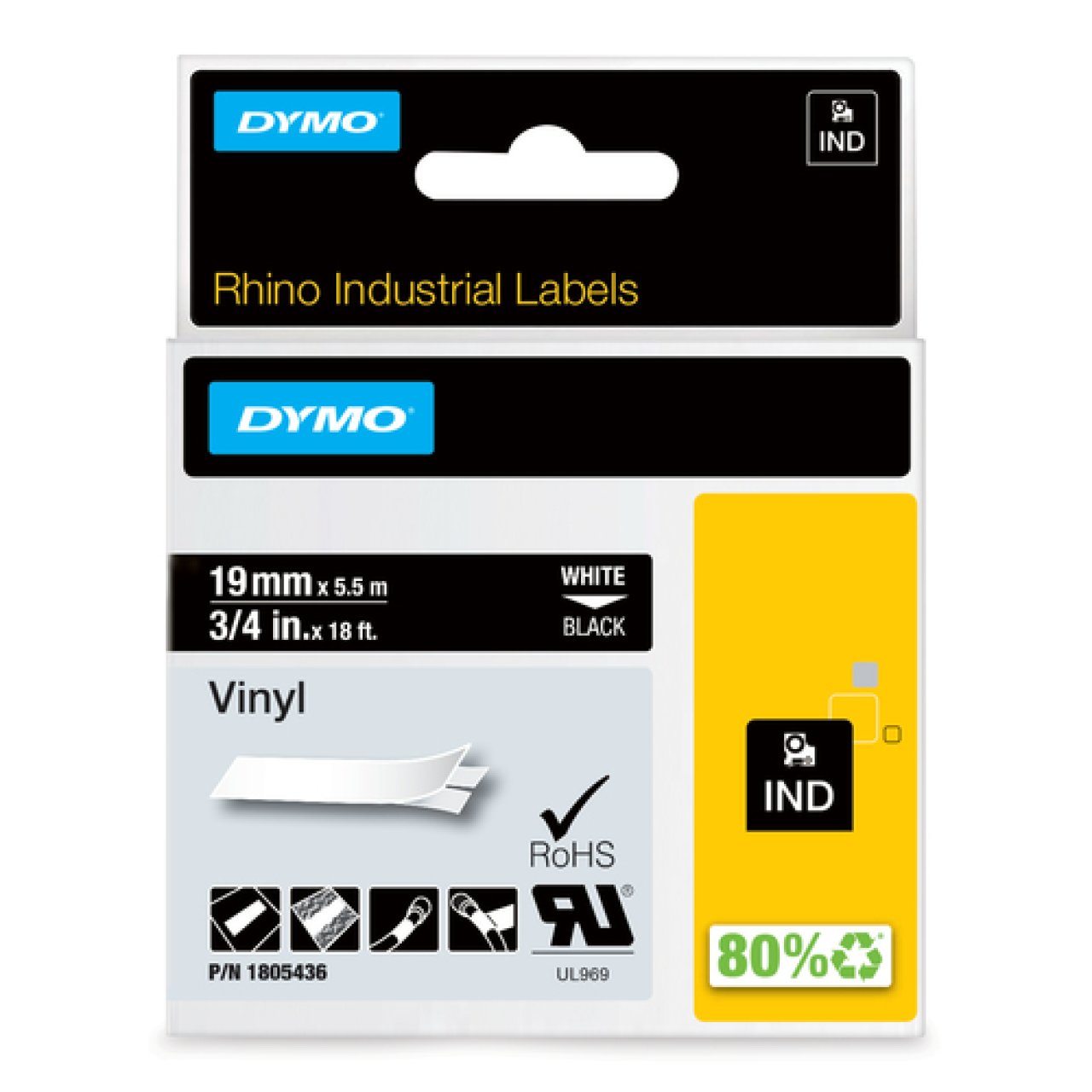 DYMO Rhino Vinylband 19mm x 5,5m weiss auf schwarz