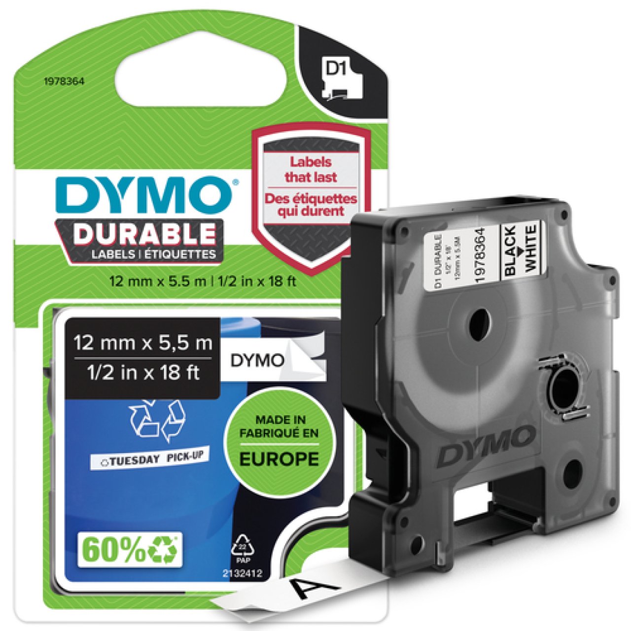 DYMO D1 Vinylband 12mm x 5,5m schwarz auf weiß,stark haftend