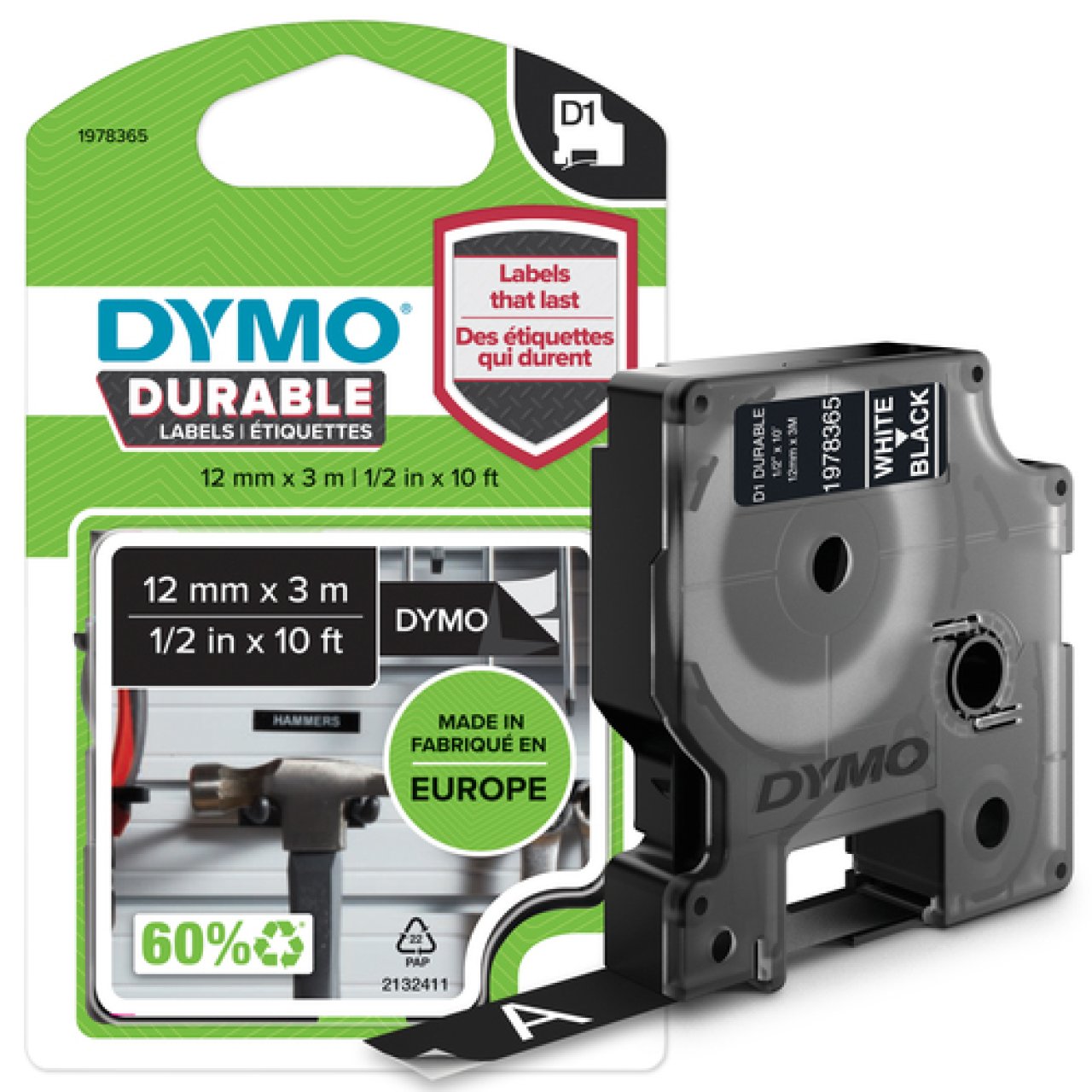 DYMO D1 Vinylband 12mm x 3m weiß auf schwarz,stark haftend