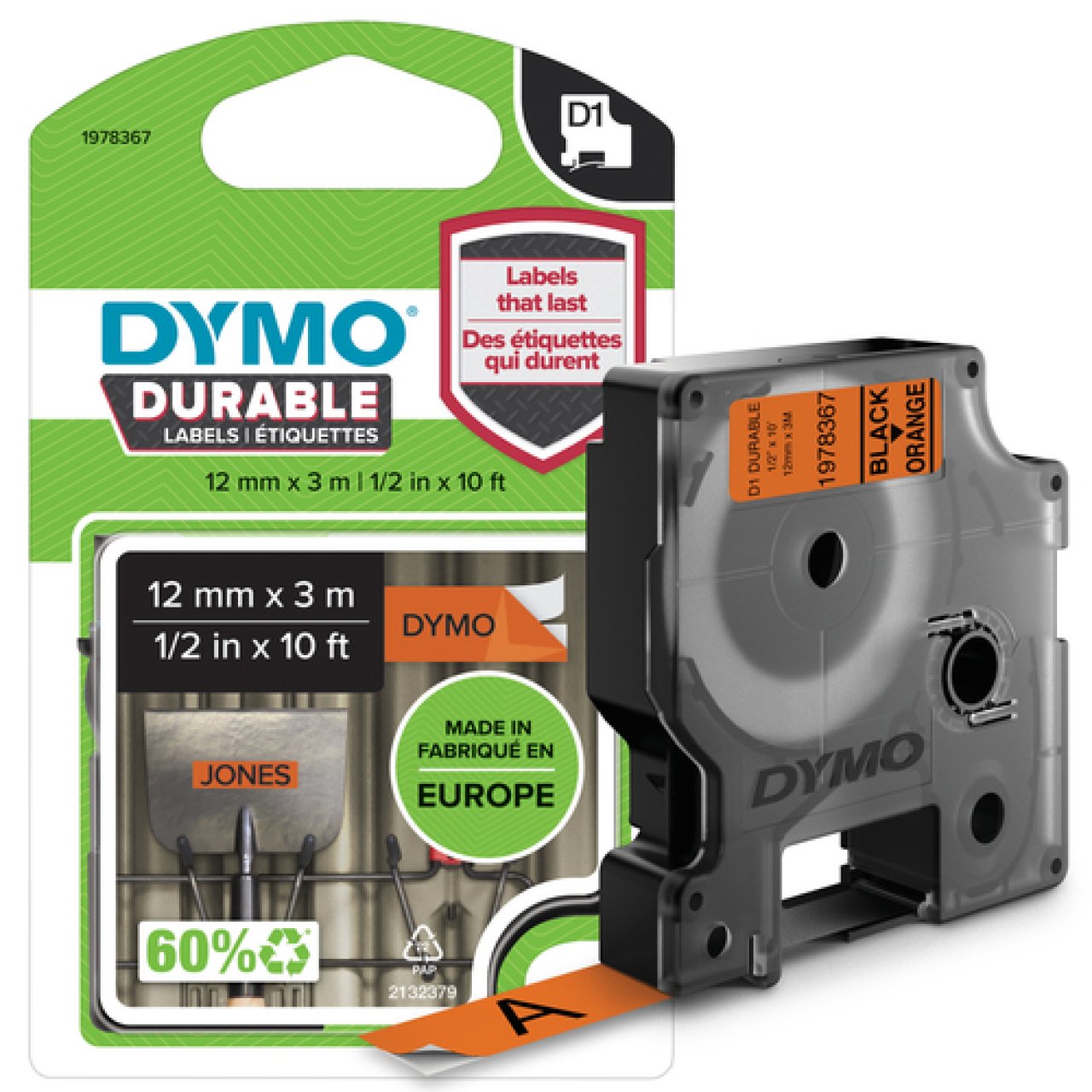 DYMO D1 Vinylband 12mm x 3m schwarz auf orange,stark haftend