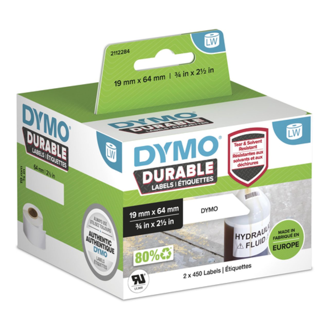 DYMO Etiketten Kunststoff weiß 2 Rollen á 450 Etiketten, 19x64mm