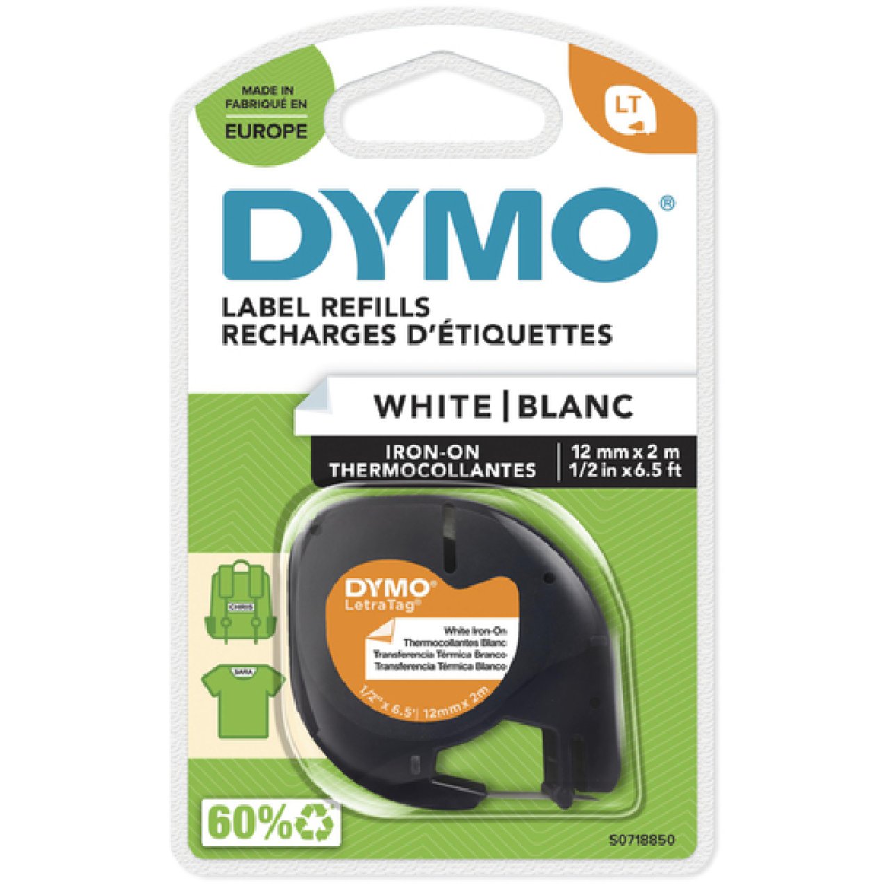 DYMO LetraTag Band 12mm x 2m sw/weiß schwarz auf weiß,aufbügelbar