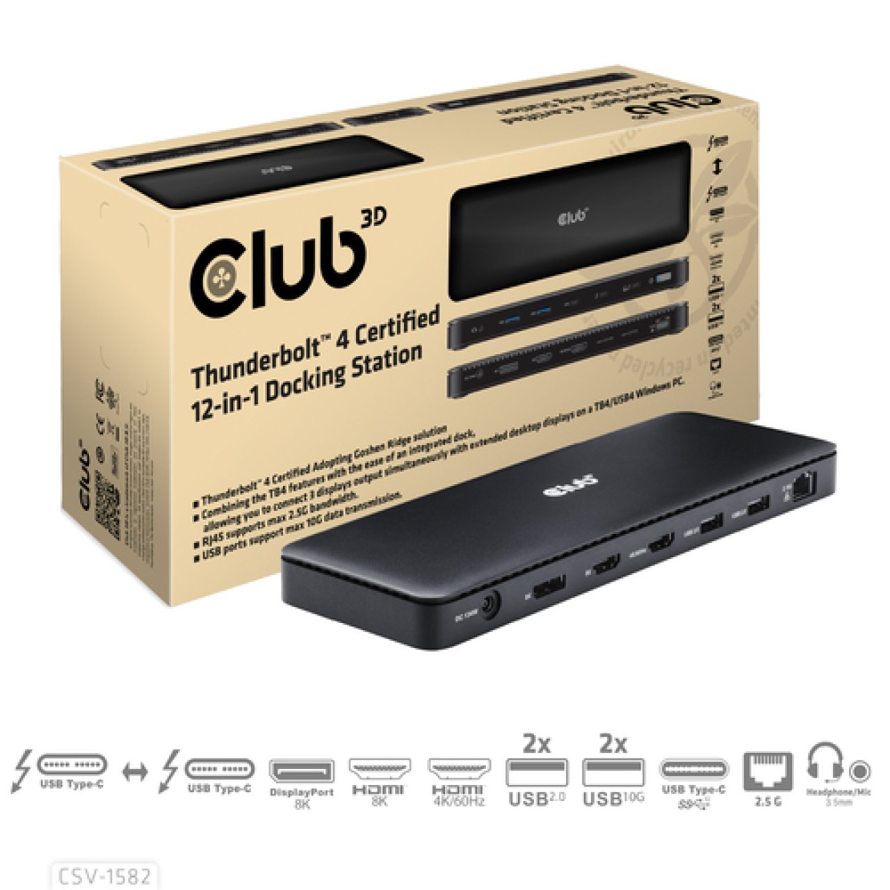 Club-3D Dockingstation TB4 12-in-1 DP8K,HDMI8K,HDMI4K/60Hz,4xUSB