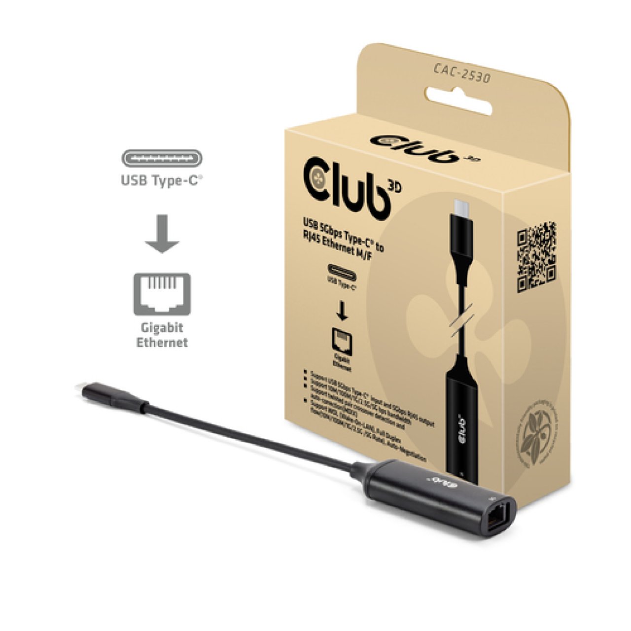 CLUB-3D Adapter USB-C 5Gbps->RJ45 Ethernet,St/B